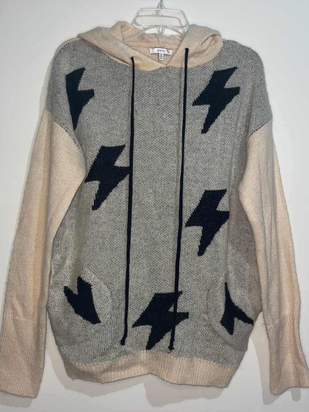 Jodifl Lightning Bolt Pattern Knit Cotton Blend Drawstring Hoodie